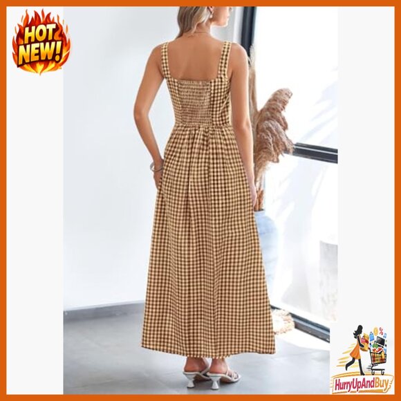 Plaid Square Neck Maxi Dress Spaghetti Strap A-Line Casual Beach Vacation - Picture 2 of 7